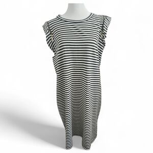 Michael Michael Kors Green/White Cap Sleeve Crewneck Striped Cotton Blend Dress